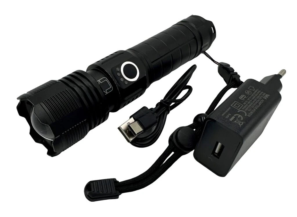 LED aluminum flashlight rechargeable with zoom function incl.1x Li-Ion 18650 battery and usb charge 100-240V