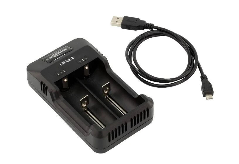 Battery charger 100...240V for Li-ion/NiMh 2-slots AAA, AA, 14500, 16650, 17500, 17670, 18500, 18650 and 22650