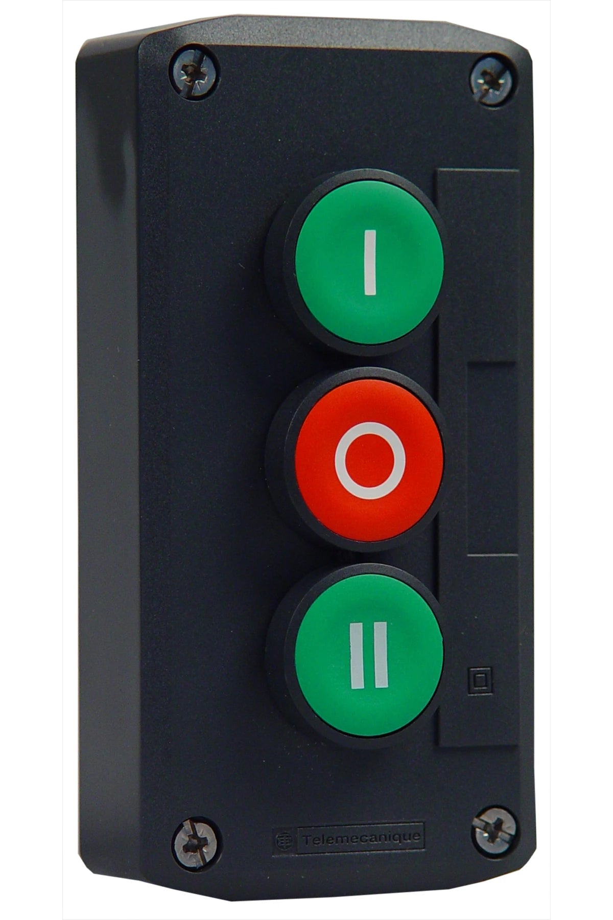 Schneider Pushbottom switch box 3 way 1xred & 2xgreen I-O-II IP66, type XALD339