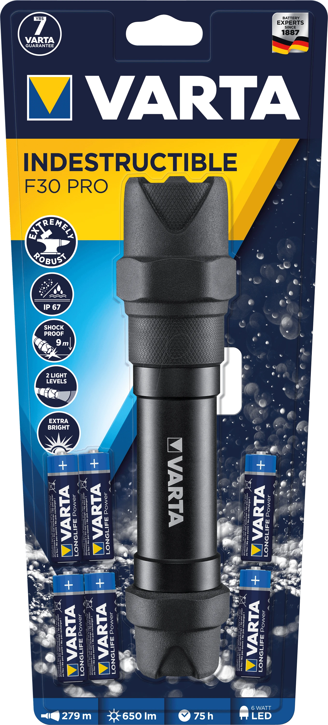 Varta Indestructible F30 Pro LED Flashlight, including 6-cells AA