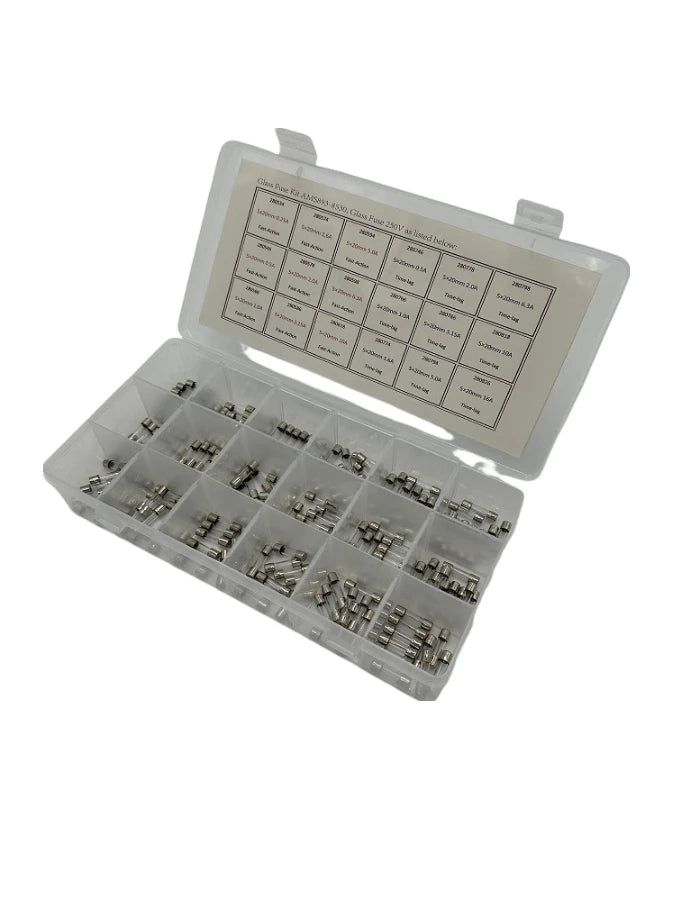 Assorti Box Glassfuses 20 x 5mm 18x 10 pcs  (Quick 0.25-10A / Slow 0.5-16A)